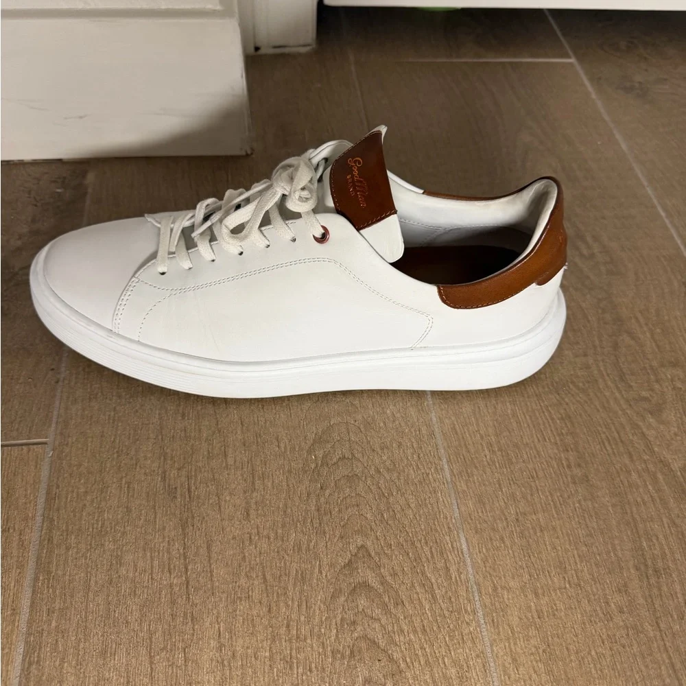 White Leather Low-Top Sneakers with Brown Leather Accents - Picture 4 of 11